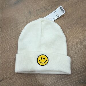 Urban Outfitters White Beanie with Smiley Face Patch NWT